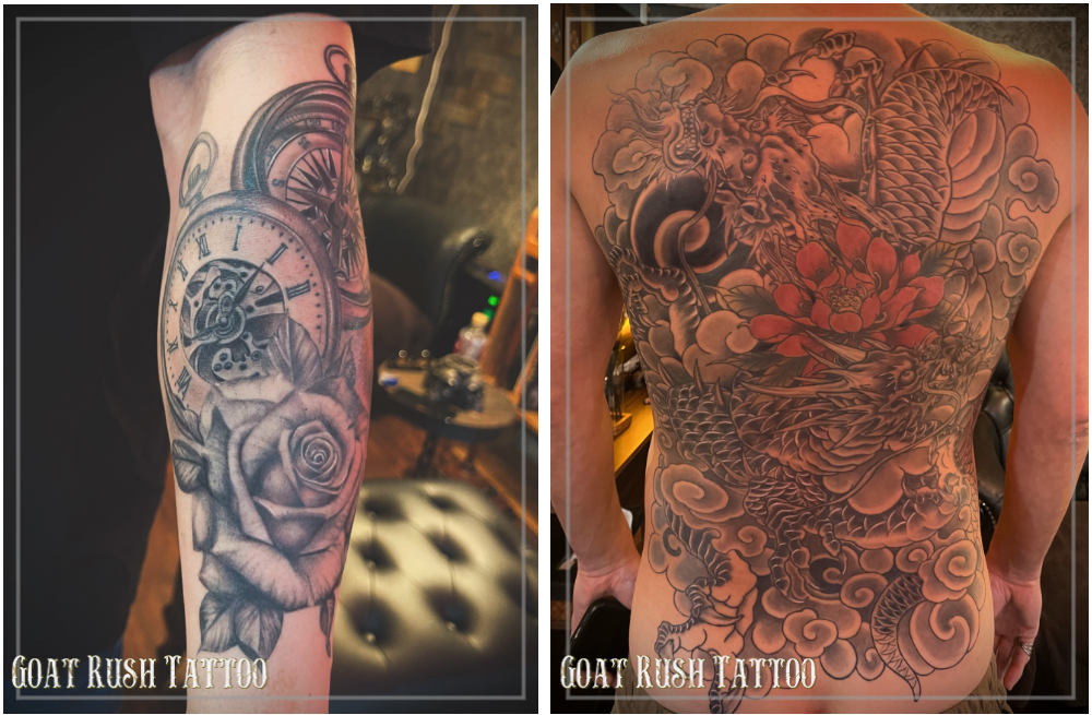 薔薇と時計のタトゥー 龍の和彫り 薔薇と時計のタトゥー 龍の和彫り